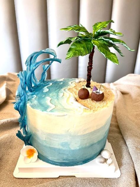 Ocean Birthday Cake Beach Themes, Palm Tree Birthday Cake, Palm Tree Cake Ideas, Fondant Palm Tree, Beach Themed Cake Ideas, Beach Party Cake Ideas, Beach Cake Design, Beach Cakes Birthday, Beach Theme Cakes Birthday