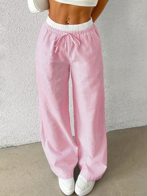 SHEIN EZwear Women's Stylish Pink Striped Woven PantsI discovered amazing products on SHEIN.com, come check them out! Y2k Trousers, Chaleco Casual, Junior Pants, Feminine Skirt, Wide Leg Lounge Pants, Striped Wide Leg Pants, Wide Trousers, Winter Pants, Y2k Clothes