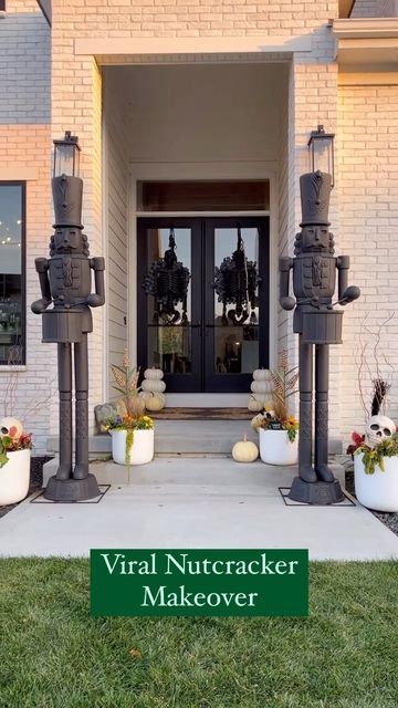 Katherine Starks on Instagram: "I gave these viral nutcrackers a makeover last year and loved the way they turned out! Just pulled them out for the season 🎄 Comment NUTCRACKER for the link to be sent directly to your inbox!" Front Porch Nutcracker Decor, Giant Nutcracker Makeover, Porch Nutcracker, Nutcracker Makeover, Nutcracker Decor, Diy Spray Paint, Silver Paint, Outdoor Planters, Outdoor Christmas Decorations