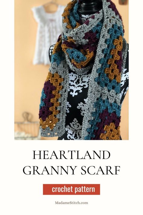 Crochet Granny Square Scarf Scarves, Crochet Granny Rectangle Shawl, Crochet Triangle Granny Scarf, Road Trip Scarf Crochet Pattern, Heartland Yarn Patterns, Granny Square Scarves, Crochet Free Scarf Patterns, Crochet Granny Square Scarf, Granny Scarf