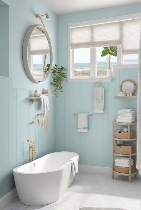 Step into a serene coastal bathroom retreat with the calming beauty of Sky High (SW 6504) light blue skies, creating a tranquil oasis perfect for daily interior designer routines. #Ad #homedecor #homedesign #bathroom #Painthome interiorarchitecture best Wall Colors for Bathroom Colors Bright Room Colors best colors combinations bathroom bathroom Remodeling Modern Paint Colors 2024 Light Blue Bathrooms, Sherwin Williams Sky High, Light Blue Bathroom Ideas, Bright Room Colors, Light Blue Bathroom, Best Wall Paint, Coastal Bathroom Design, Best Wall Colors, Modern Paint Colors