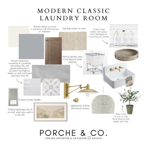 E-Design Client Feature :: Modern Classic Laundry Room Design - 2D Vision Board Package :: Porche & Co. — Porche & Co. Classic Laundry Room, Room Overview, Transitional Laundry Room, Laundry Room Tile, Patterned Wall Tiles, Textured Decor, Custom Roman Shades, Staining Cabinets, Modern Laundry Rooms