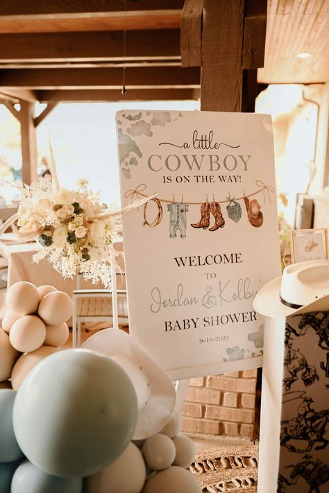 Westons western Baby Shower | CatchMyParty.com Country Chic Baby Shower Ideas, A Little Cowboy Is On His Way Baby Shower Ideas, Baby Boy Western Shower Ideas, Boho Cowboy Baby Shower Ideas, Vintage Cowboy Baby Shower Ideas, Not My First Rodeo Baby Sprinkle, Not Her First Rodeo Baby Sprinkle, Western Baby Shower Centerpieces, A Little Cowboy Is On His Way