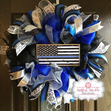 Protect and Serve Wreath, Police Wreath, Blue Lives Matter Front Door Wreath, Peace Maker Wreath, Blue Line Wreath, Back the Blue Wreath by ArtfulNiche on Etsy https://www.etsy.com/listing/628860026/protect-and-serve-wreath-police-wreath Police Retirement Gifts, Police Memorial, Police Support, Blue Line Police, Police Gifts, Police Officer Gifts, Back The Blue, Blue Line Flag, Blue Wreath