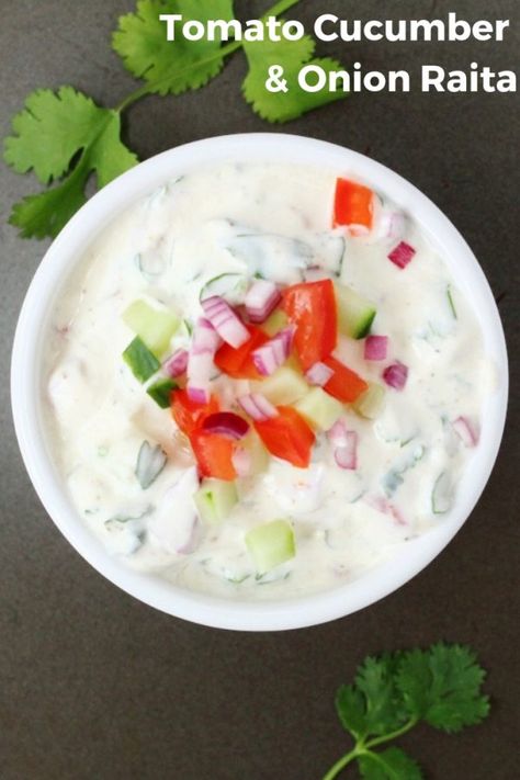 Easy Raita Recipe, Cucumber Raita Recipe, Cucumber And Onion, Raita Recipe, Cucumber Raita, Spicy Curry, Cucumbers And Onions, Tomato Cucumber, Hot And Spicy