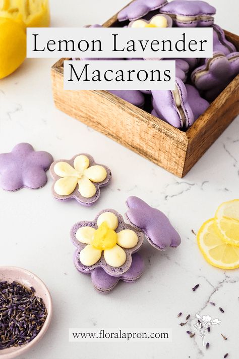 Lemon Lavender Macarons (Flower-Shaped) - The Floral Apron Lavender Macaron, Macaroon Filling, Lemon Macaroons, Lavender Macarons, Macaron Template, Lavender Recipes, Macaron Flavors, Culinary Lavender, Lemon Curd Recipe