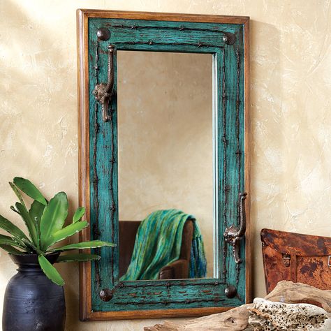 Western Mirrors Western Mirror, Western Bedding Sets, Black Forest Decor, Leather Mirror, Rustic Western Decor, Mirror With Hooks, Rustic Mirrors, Western Furniture, Southwest Decor