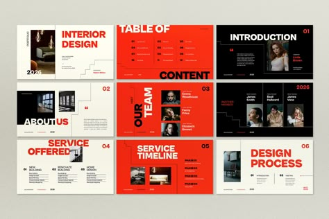 Price Minimalistic Presentation Design, Red And Black Interior Design, Minimalist Presentation Design, Interior Design Powerpoint, Red Layout, Powerpoint Designs, Table Of Contents Design, Brand Guidelines Design, Keynote Design