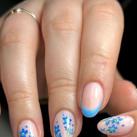 Forget Me Not Flower Nails, Forget Me Not Nail Art, Bluebell Nails, Forget Me Not Nails, French Tip Gel Nails, Bridesmaids Nails, Snow Drop, Nail Color Combos, Cute Nails For Fall