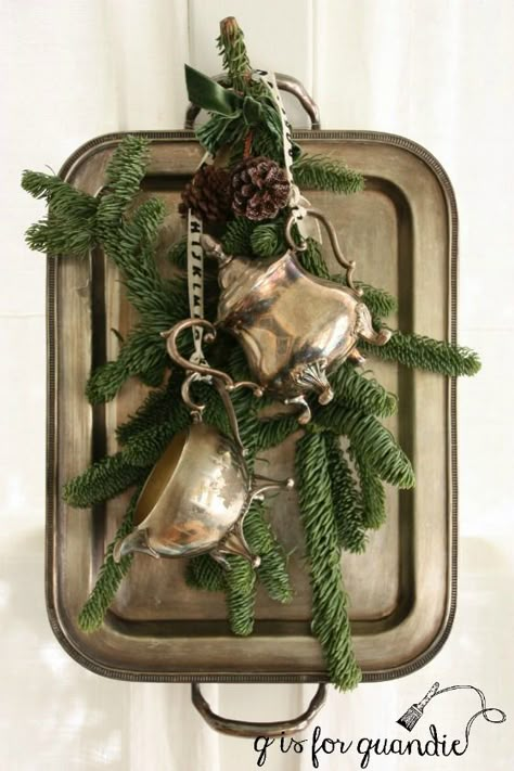 Silver Tray Decor, Vintage Christmas Display, Silver Display, Silver Trays, Silver Decor, Silver Bells, Silver Christmas, Christmas Display, Garage Sale