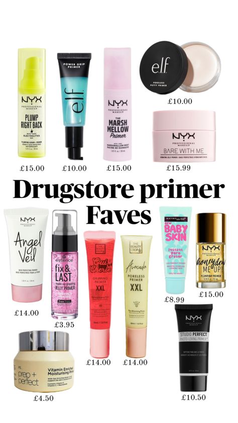 Drugstore primer favourites #makeup #viralmakeup #primer Best Drugstore Primer, Drugstore Primer, Glow Primer, Cute Makeup Looks, Makeup Primer, Drugstore Makeup, Nyx Professional Makeup, Gorgeous Makeup, Cute Makeup