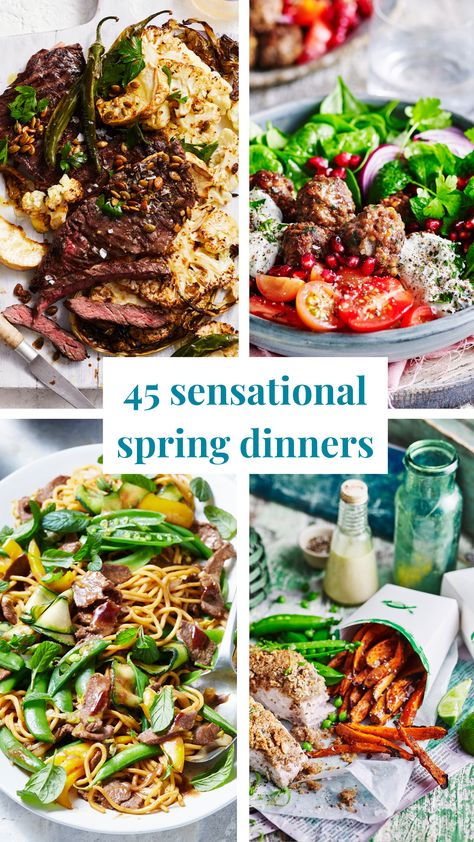 Spring Healthy Dinner Recipes, Spring Dinner Recipes Healthy, Fresh Spring Dinner Recipes, Spring Dinner Menu Ideas, Spring Entrees Dinners, Spring Dinner Salad, Dinner Ideas Spring Time, Spring Pasta Dinner, Spring Menu Ideas Dinner Parties