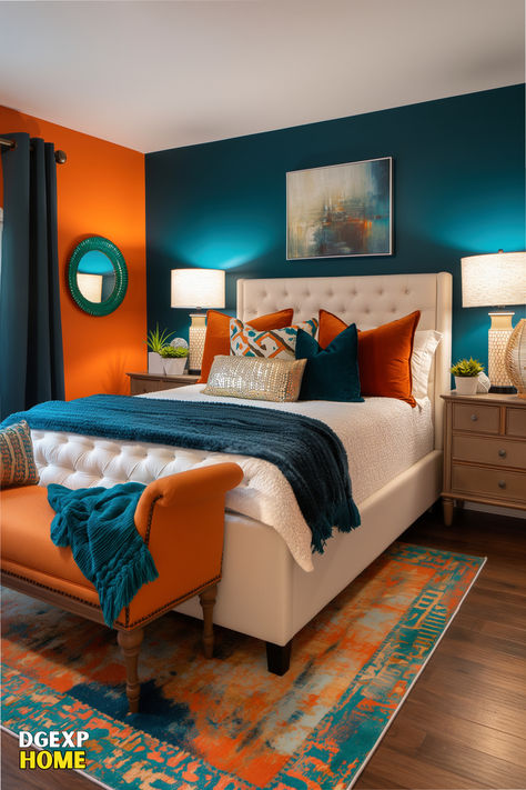 Orange and teal bedroom with a white tufted bed, vibrant orange wall, and teal decorative accents. Orange And Teal Bedroom, Small Bedroom Layout, White Bench, Teal Bedroom, Orange Bedroom, Bedroom Vibes, Bedroom Orange, Orange Walls, Teal Orange