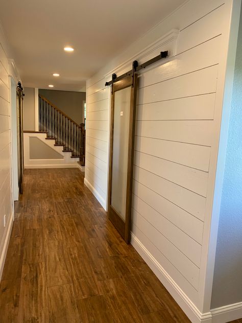 Shiplap Chair Rail Hallway, Hallway Shiplap Halfway, Shiplap In Hallway, Shiplap Corner Trim, Hallway Recessed Lighting, Shiplap Hallway, Upstairs Decor, Doors Hallway, Hallway Remodel