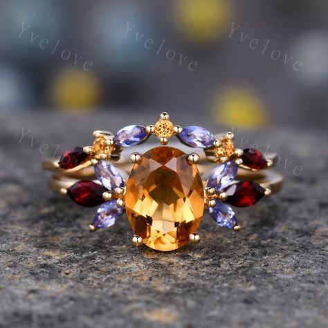 Oval Cut Citrine Wedding Ring Set, Marquise Garnet Tanzanite Ring, Moissanite Eternity Wedding Band, November Birthstone, Art Deco Ring - Etsy Vintage Citrine Engagement Rings, Garnet And Citrine Ring, November Birthstone Engagement Rings, Oval Gemstone Engagement Ring, Orange Engagement Ring, Dnd Wedding, Citrine Wedding Band, Citrine Wedding Ring, Citrine Wedding