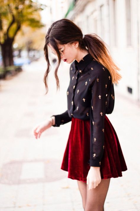 Velvet Skirt Outfit, Skater Skirt Outfit, Velvet Skater Skirt, Velour Skirt, Golden Cross, Cross Shirt, Cross Shirts, Bright Winter, Cute Spring Outfits