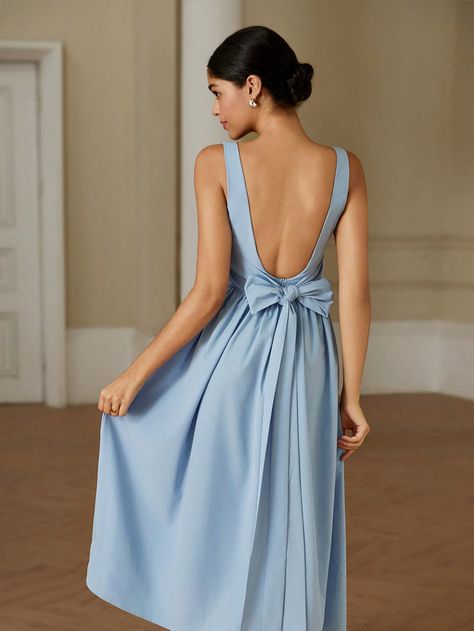 Elegant Romantic Soft Mermaid Cinched Waist Back Open Back Dress With Ruffle Hem Blue Casual  Sleeveless Woven Fabric Plain A Line Non-Stretch Spring/Summer Women Clothing, size features are:Bust: ,Length: ,Sleeve Length: Grecian Dress Casual, Open Back Dress, Vestidos Vintage, Open Back Dresses, Women Long Dresses, Back Dress, Long Dresses, Kids Sleepwear, Cinched Waist