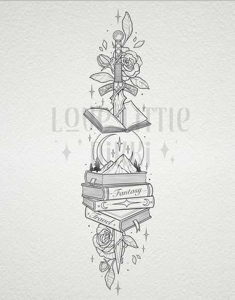 Fantasy Bookish Tattoos, Bookish Spine Tattoo, Bookstack Tattoo, Acotar Sketches, Bookish Tattoo Sleeve, Magical Tattoos For Women, Acotar Painting Ideas, Book Tattoos For Women, Books Tattoo Ideas