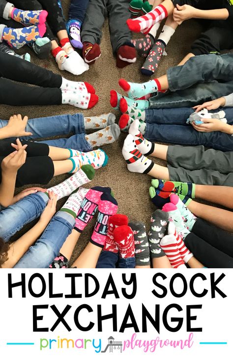 class holiday sock exchange #classparty #classchristmasparty #sockexchange #christmasgame #kindergarten #firstgrade #secondgrade Sock Exchange Party, Sock Party, Christmas Socks Exchange, Sock Gift Exchange, Classroom Gift Exchange, Primary Playground, Socks Exchange, Classroom Christmas Party, School Christmas Party