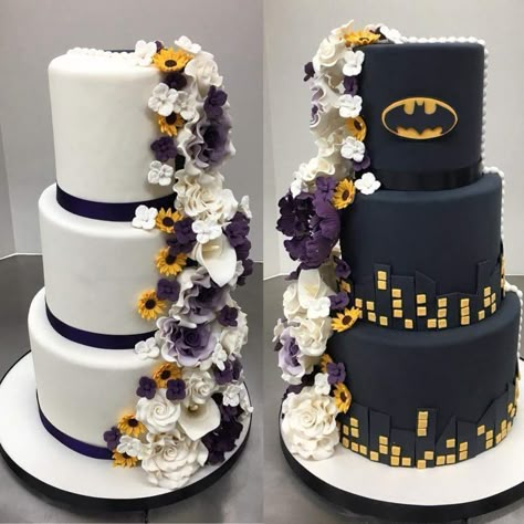 Batman Wedding Theme, Batman Wedding Cake, Batman Wedding Cakes, Batman Ideas, Royal Blue Wedding Theme, Comic Book Wedding, Batman Wedding, Batman Gifts, Gold Wedding Theme