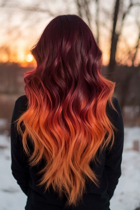 Inspired by the fiery hues of a sunset, this copper balayage look blends deep auburn roots with vibrant orange and golden caramel waves, creating a luminous, fiery effect. If you’re looking for a statement hair color for bright spring hair color ideas 2025, this shade is guaranteed to turn heads. Bright Spring Hair Color, Fresh Hair Color, Deep Auburn, Spring Hair Color Ideas, Statement Hair, Copper Balayage, Spring Hair Color, Spring Hair, Bright Hair