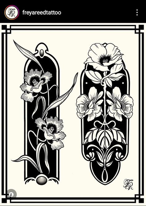 Moonflower Tattoo Design, Art Nouveau Shapes, Art Nouveau Flower Tattoo, Art Nuevo Tattoo, Framed Flower Tattoo, Black Out Tattoo Designs, Floral Frame Tattoo, Woodcut Tattoo Design, William Morris Tattoo