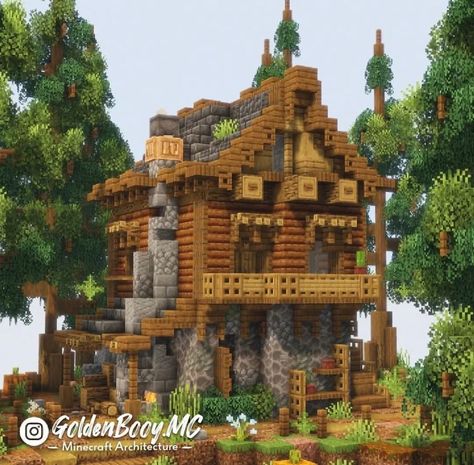 Mythical Sausage Builds, Minecraft Forest Cabin, Wood Cabin Minecraft, Minecraft Retaining Wall, Minecraft Medium House, Medevil Minecraft Houses, Minecraft House Inspiration, Build Minecraft, Minecraft Structures