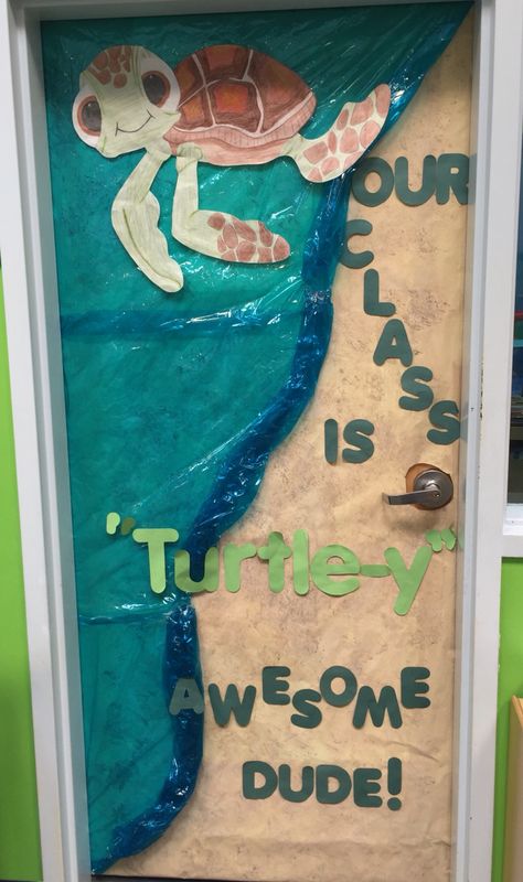 My class door that I did for our sea turtle theme this month! Pretty proud of it! Turtley Awesome Bulletin Board, Hawaiian Teacher Appreciation Door, Under The Sea Classroom Door Ideas, Disney Teacher Appreciation Door, Beach Door Decoration, Under The Sea Door Decorations, Summer Door Ideas, Under The Sea Classroom Door, Disney Classroom Door