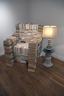 Thurman Reading Chair made out of recycled books Cozy Reading Chair, Handmade Stool, Old Book Crafts, Book Furniture, Recycled Books, Cozy Seats, Upcycle Books, Book Sculpture, Reading Chair