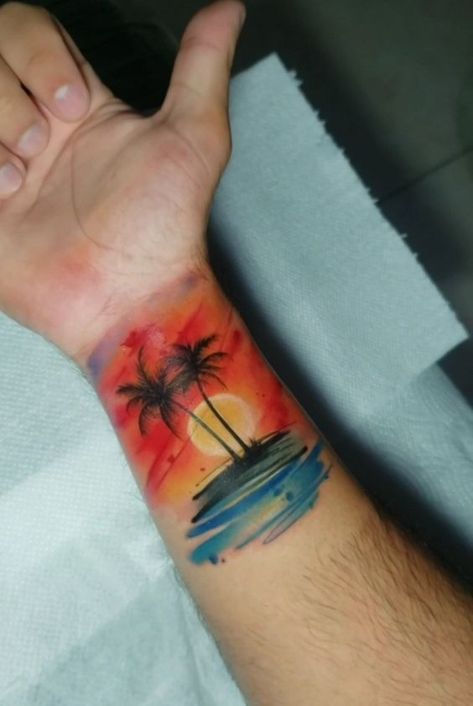 Sunset Tattoo Images. Trash Polka Style Tattoo, Sunset Tattoo Men, Watercolor Sunset Tattoo, Sunset Tattoo Color, Sunset Beach Tattoo, Sunset Tattoos For Women, Beach Tattoo For Men, Beach Theme Tattoos, Watercolor Bike