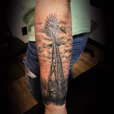 Oklahoma Tattoo, Windmill Tattoo, Farm Tattoo, Rib Tattoos For Guys, Cowboy Tattoos, Country Tattoos, Animal Tattoo Ideas, Bull Tattoos, Western Tattoos