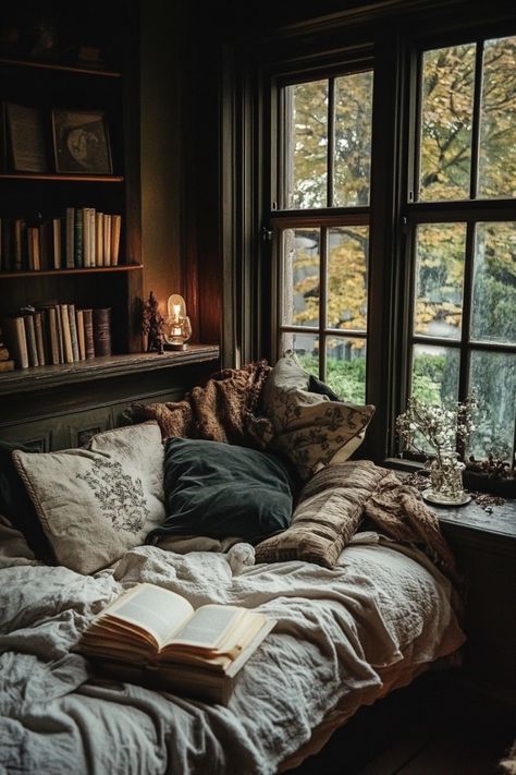 What are you reading this Sunday? Light Moody Interior Design, Dark Reading Nook, Dark Academia Reading Nook, Cozy Dark Home, Moody Reading Nook, Moody Cabin, Moody Cottage, Moody Farmhouse, Moody Vibes