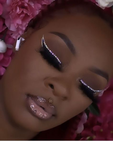 Bling Makeup Looks Black Women, Graduation Makeup With Rhinestones, Rhinestone Makeup Prom, Prom Glam Makeup Silver, Prom Makeup Black Women Silver, Rhinestone Eye Makeup Black Women, Silver Prom Makeup Looks, Soft Glam With Rhinestones, Rhinestone Makeup Looks Black Women