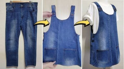 Dress From Old Jeans, Upcycle Clothes Diy Easy, Upcycling Old Jeans, Repurposing Clothing, Upcycling Ideas Clothes, Jean Overall Dress, Ropa Upcycling, Diy Apron, Reworked Clothing