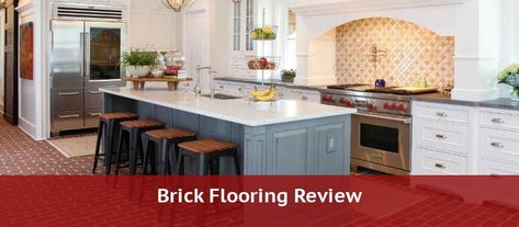 Brick Flooring: Read This Before you Buy | HomeFlooringPros.com Kitchen Island Farmhouse, Spice Cabinets, Pendant Lights Kitchen Island, Veneer Flooring, Lights Kitchen Island, Island Farmhouse, Pendant Lights Kitchen, Interior Brick, Farmhouse Light