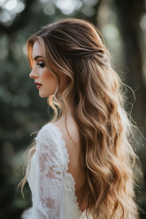 80+ Gorgeous Hairstyles for Brides with Long Hair | Matched Hearts Bride Hairstyles Wavy Hair, Soft Waves With Braid, Long Soft Curls Wedding, Simple Wavy Wedding Hair, Bridal Hair Half Up Romantic, Half Up Half Down Hair For Bride, Bridal Hair Styles With Flowers, Bride Hair Down Style, Half Up Long Wedding Hair