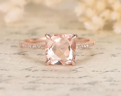 8mm Morganite Ring Rose Gold Diamond Wedding Band Cushion Morganite Engagement Ring Morganite Solitaire Ring Propose Ring Deco Promise Ring Morganite Ring Rose Gold, Morganite Solitaire Ring, Cushion Cut Wedding Rings, Stunning Rings, Wedding Ring Cushion, Rose Gold Morganite Ring, Ring Rosegold, Cushion Cut Ring, Cushion Cut Engagement Ring