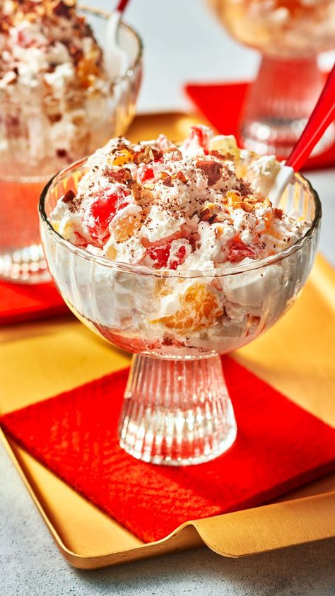 Heavenly Hash Recipes Using Sour Cream, Heavenly Hash, Retro Desserts, Retro Dishes, Comfort Desserts, Maraschino Cherries, Mandarin Oranges, Homemade Whipped Cream, Fruit Salad Recipes