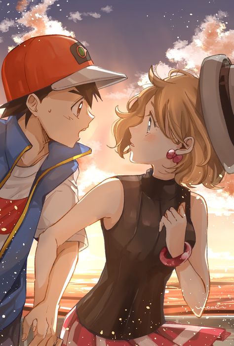 Female Pokemon Trainers, Satoshi Pokemon, Pokemon Ash And Misty, Beautiful Moon Pictures, Pokemon Kalos, Pokemon Couples, Pokemon Ash And Serena, Ash And Misty, Pokemon Firered