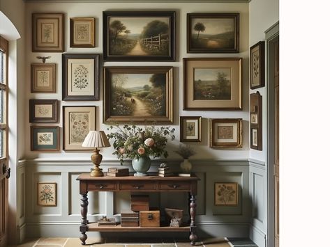 Antique Photo Frames Wall, Moody Vintage Gallery Wall, Classic Home Decor Living Room, Classic Gallery Wall, Eclectic Gallery Wall Living Room, Entryway To Living Room Transition, Gallery Wall Around Mirror, Wallpaper Gallery Wall, Vintage Wall Collage Ideas