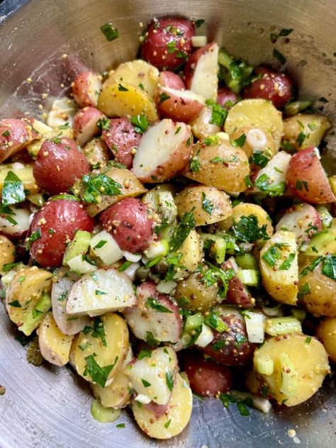 Herby French Potato Salad w/Capers - Lion's Bread Potato Salad With Capers, Salad With Capers, Vinegar Potato Salad, Roasted Vegetable Couscous, French Potato Salad, Capers Recipe, Vegetable Couscous, French Potatoes, Vinaigrette Salad