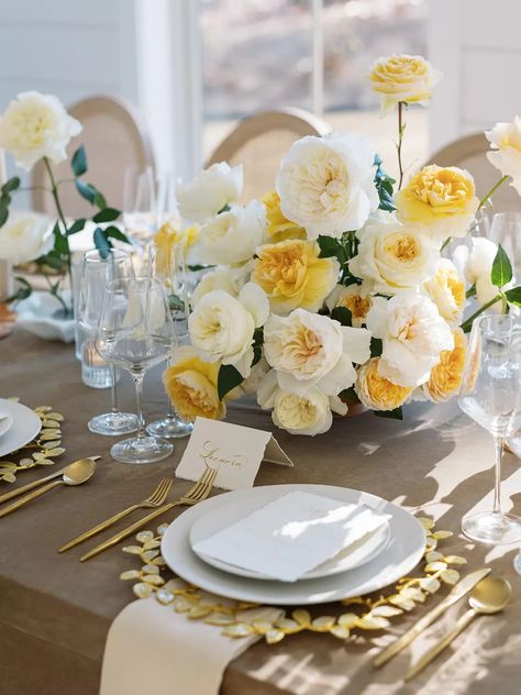 Yellow Rose Wedding, David Austin Wedding, Outdoor Wedding Tables, Round Wedding Tables, Indoor Wedding Receptions, Hand Painted Candles, Elegant Wedding Reception, Elegant Bouquet, Indoor Reception