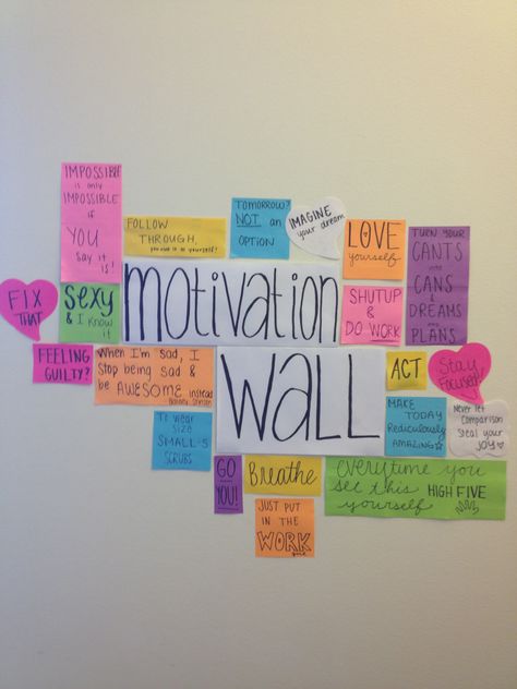 My new motivation wall! I recreated it from another pin and I'm really excited !!! :D Motivation Wall Aesthetic, Motivation Wall Classroom, Quotes To Write On Wall, Student Wall Decor Ideas, Sticky Notes Study Wall, Study Motivation Room Decor, Room Wall Quotes Aesthetic, Study Table Wall Decor Quotes, Motivation Wall Study