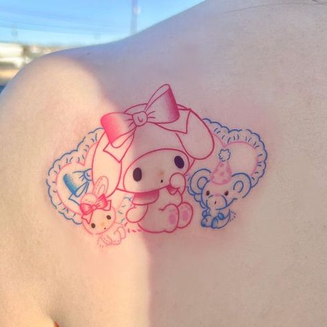 Sanrio Tattoos Kuromi, Kawaii Back Tattoo, My Melody And Kuromi Tattoo Ideas, Sanrio Tatoos, Cinnamoroll Tattoo, My Melody Tattoo, Sanrio Tattoos, Kawaii Tattoos, 777 Tattoo