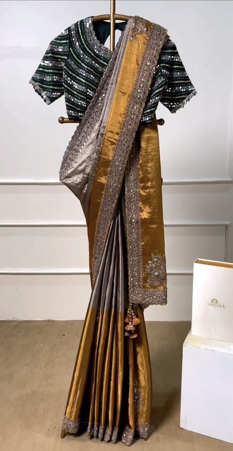 Silver Tissue Saree Blouse Designs, Gold Tissue Saree Blouses, Gold Saree Blouse Design, Samyakk Sarees, Golden Tissue Saree, Gold Tissue Saree, Gold Saree Blouse, 1870s Dress, Saree Jacket Designs