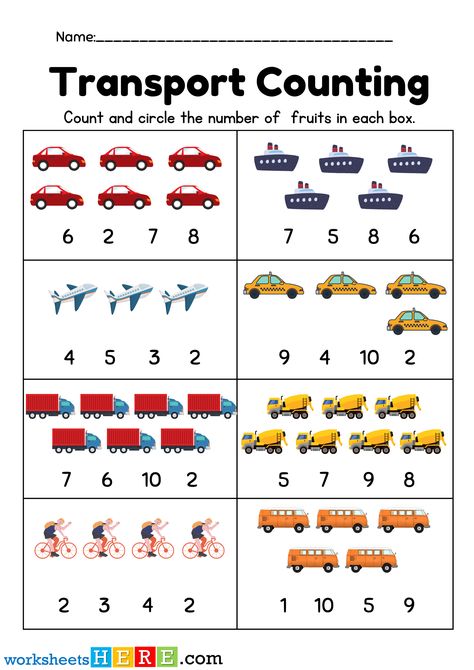 Transport Counting, Count and Circle the Number of Transport PDF Worksheet For Kindergarten - WorksheetsHere.com Counting Transportation Worksheet, Transport Maths Activities, Transport Kindergarten Activities, Transportation Counting Preschool, Transportation Group Activity, Theme Transportation Preschool, Transportation Worksheet Kindergarten, Transportation Kindergarten Activities, Transportation For Kindergarten