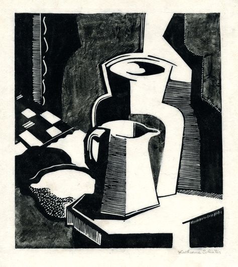 (Still Life: Pitcher and Vase) by Katherine Schlater | Annex Galleries Fine Prints Still Life Artists, Linocut Printmaking, Lino Art, Linocut Art, Japanese Tattoo Art, Still Life Drawing, Salon Style, Print Inspiration, Abstract Expressionist