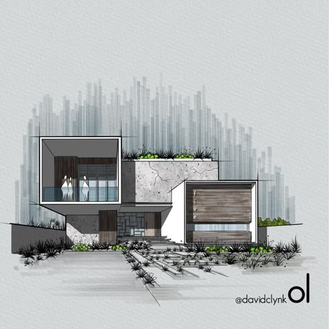 1 Point Exterior Perspective, 1 Point Perspective Drawing Architecture, Exterior Perspective Rendering, Sketch Up Render, Architecture Rendering Styles, Modern House Design Drawing, Surrealist Sketch, Concrete Render, Perspective Rendering