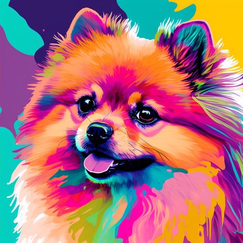 Pop art Pomeranian Painting, Dog Painting Pop Art, Pomeranian Art, Animal Pop Art, Souvenir Design, Farm Animal Paintings, Painting Dogs, Animal Caricature, Spitz Dogs