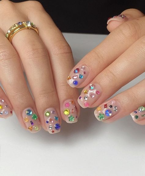 Gem Nail Designs, Nail Gems, Confetti Nails, Makeup Nails Designs, 2024 Nails, Hello Nails, Hippie Nails, Sassy Nails, Korean Nails